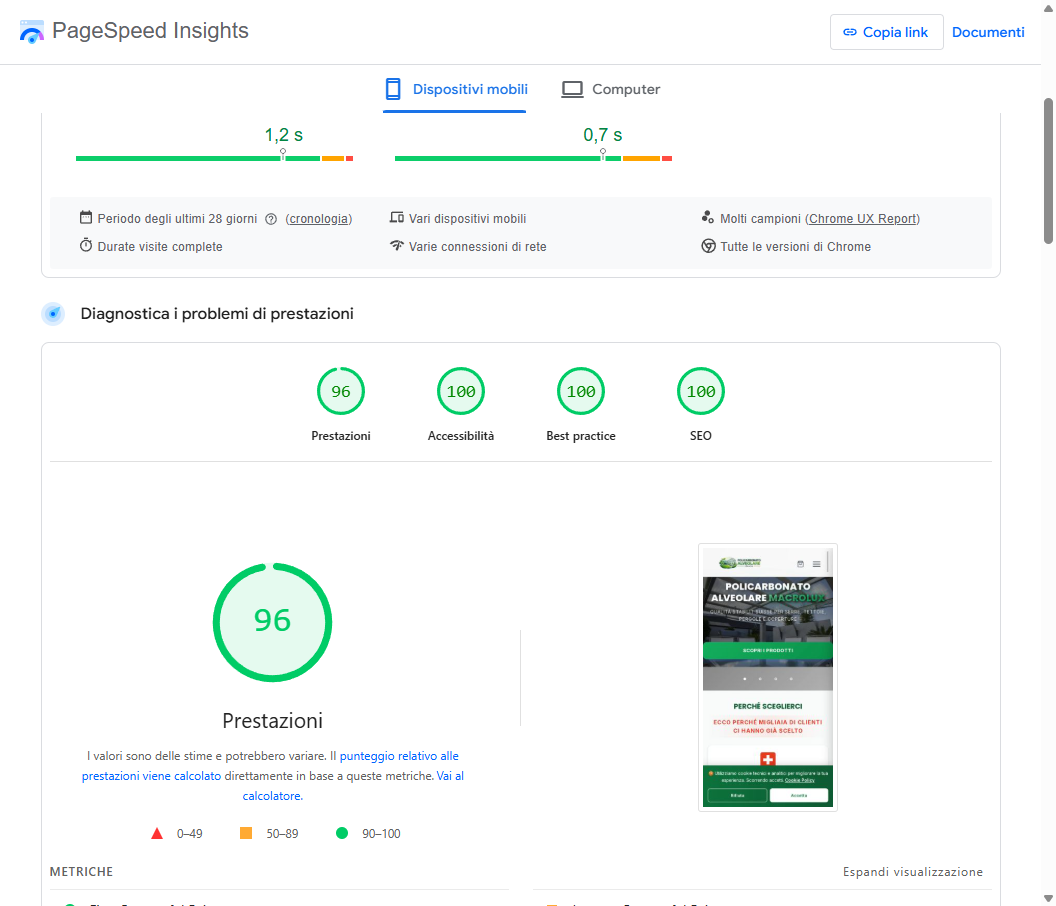 PageSpeed Insights - policarbonatoalveolare.it: Performance 96, SEO 100, Accessibilità 100, Best Practices 100